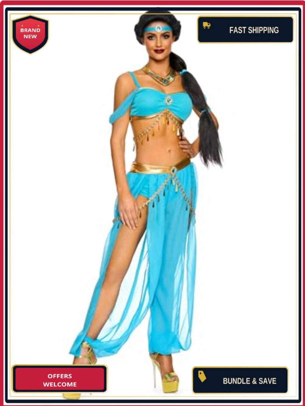 Arabian Princess Costume Set Pants Top Headband Necklace Cosplay Party